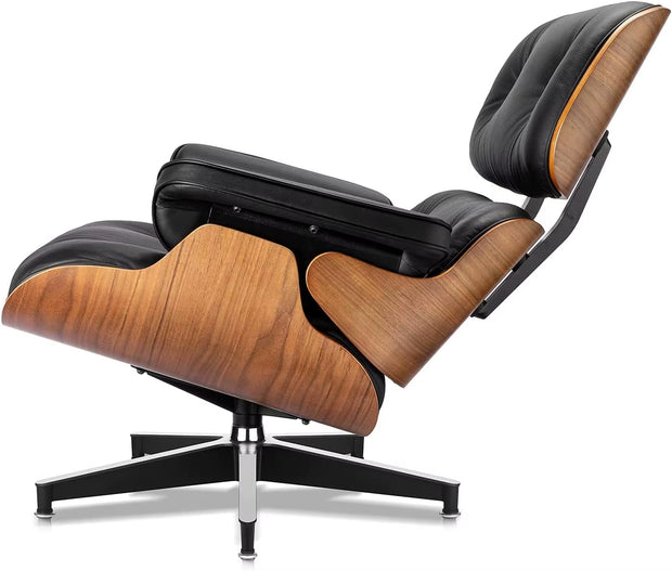 Black Grain Leather, Mid Century Chaise Lounge Chair and Ottoman, Modern Chair Classic Design, Heavy Duty Base Support For