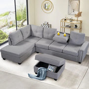 MODERNLUXE 108.10" Reversible L-Shape Sectional Sofa Couch, Space Saving Sofa with Storage Ottoman, Rivet Ornament, Left Corner Seat, Right Facing Corner Seat and 2 Cup Holder for Large Space Dorm Apartment, Light Gray