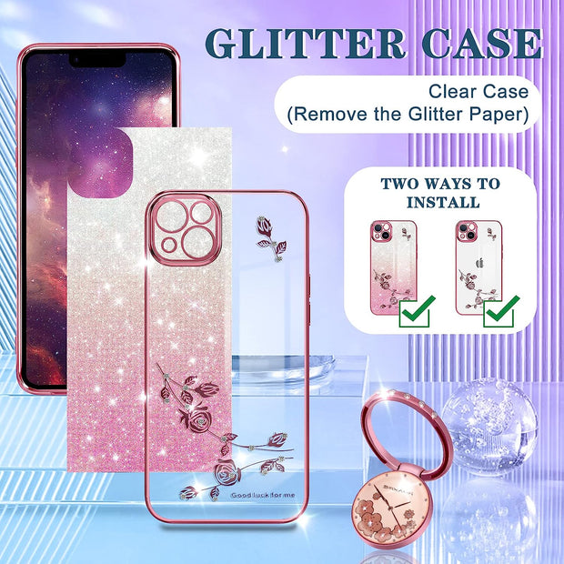 (3In1 for Iphone 13 Case Glitter Sparkly for Women Girls Sparkle Girly Bling Shiny Phone Cover Cute Flowers Floral Unique Design with Ring Holder Pretty Pink Cases for Apple 13 6.1 Inch