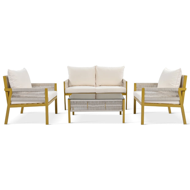 K&K 4-Piece Rope Patio Furniture Set, Outdoor Furniture With Tempered Glass Table, Patio Conversatio