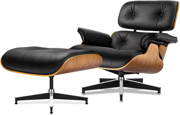 Black Grain Leather, Mid Century Chaise Lounge Chair and Ottoman, Modern Chair Classic Design, Heavy Duty Base Support For