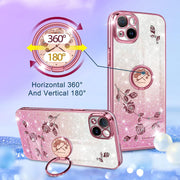 (3In1 for Iphone 13 Case Glitter Sparkly for Women Girls Sparkle Girly Bling Shiny Phone Cover Cute Flowers Floral Unique Design with Ring Holder Pretty Pink Cases for Apple 13 6.1 Inch