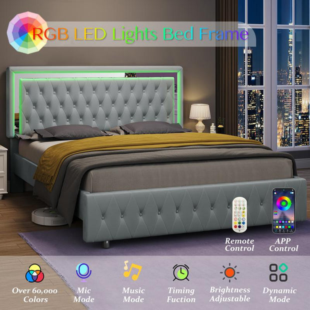 【Holiday Deal】Amerlife LED Bed Frame with Led Lights Adjustable Headboard Velvet Button Tufted/Acrylic Mirror Accents, No Box Spring Needed