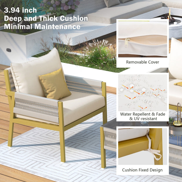 K&K 4-Piece Rope Patio Furniture Set, Outdoor Furniture With Tempered Glass Table, Patio Conversatio