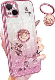 (3In1 for Iphone 13 Case Glitter Sparkly for Women Girls Sparkle Girly Bling Shiny Phone Cover Cute Flowers Floral Unique Design with Ring Holder Pretty Pink Cases for Apple 13 6.1 Inch