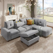 MODERNLUXE 108.10" Reversible L-Shape Sectional Sofa Couch, Space Saving Sofa with Storage Ottoman, Rivet Ornament, Left Corner Seat, Right Facing Corner Seat and 2 Cup Holder for Large Space Dorm Apartment, Light Gray