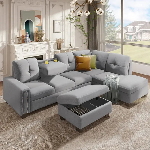MODERNLUXE 108.10" Reversible L-Shape Sectional Sofa Couch, Space Saving Sofa with Storage Ottoman, Rivet Ornament, Left Corner Seat, Right Facing Corner Seat and 2 Cup Holder for Large Space Dorm Apartment, Light Gray
