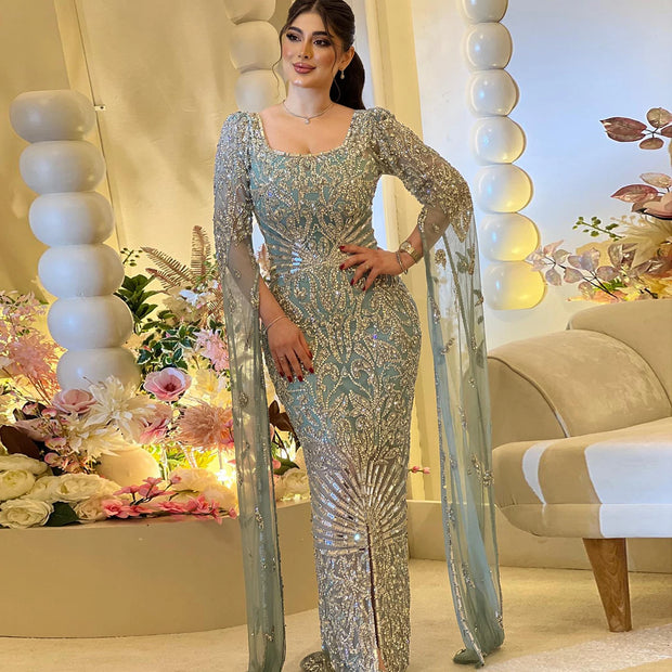 Sharon Said Luxury Arabic Turquoise Evening Dress with Cape Sleeves Sqaure Neck for Dubai Wedding Party Gowns SS469 Customized