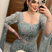 Sharon Said Luxury Arabic Turquoise Evening Dress with Cape Sleeves Sqaure Neck for Dubai Wedding Party Gowns SS469 Customized