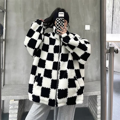 Plaid Lambswool Plush Coat Streetwear Fashion 2021 Winter Jacket Women Zipper Loose Harajuku Jackets Thick Warm Overcoat Female