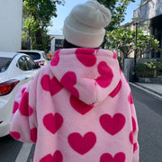 90s Harajuku Heart-shaped Print Plush Jacket Women Winter Korean Large Size Long Sleeve Hooded Coat Thick Warm Couple Streetwear