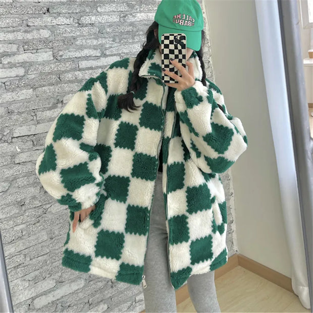 Plaid Lambswool Plush Coat Streetwear Fashion 2021 Winter Jacket Women Zipper Loose Harajuku Jackets Thick Warm Overcoat Female