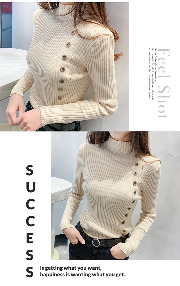 Women Knitted Winter Pullovers 2024 Fashion Long Sleeve White Black Sweaters Turtleneck Korean Clothes Elegant Pink Ladies Tops