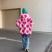 90s Harajuku Heart-shaped Print Plush Jacket Women Winter Korean Large Size Long Sleeve Hooded Coat Thick Warm Couple Streetwear