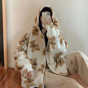 90s Harajuku Heart-shaped Print Plush Jacket Women Winter Korean Large Size Long Sleeve Hooded Coat Thick Warm Couple Streetwear