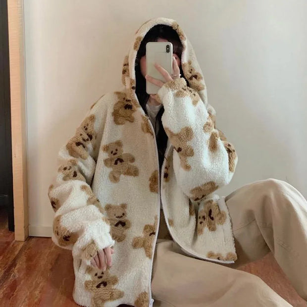 90s Harajuku Heart-shaped Print Plush Jacket Women Winter Korean Large Size Long Sleeve Hooded Coat Thick Warm Couple Streetwear