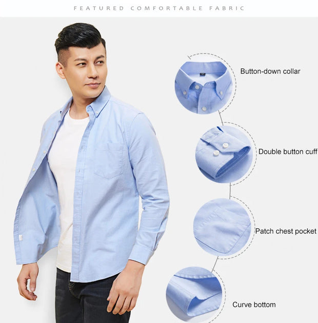 Cotton Oxford Men's Dress Shirt Long Sleeve Slim Fit Button Down Male Business Formal Shirts with Chest Pocket Casual Clothing