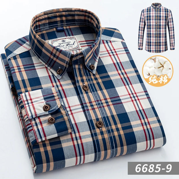 2023 New Men's Fashion Plaid 100% Cotton Spring Autumn Pocket Long Sleeve Slim-fit Button-down Male Shirt