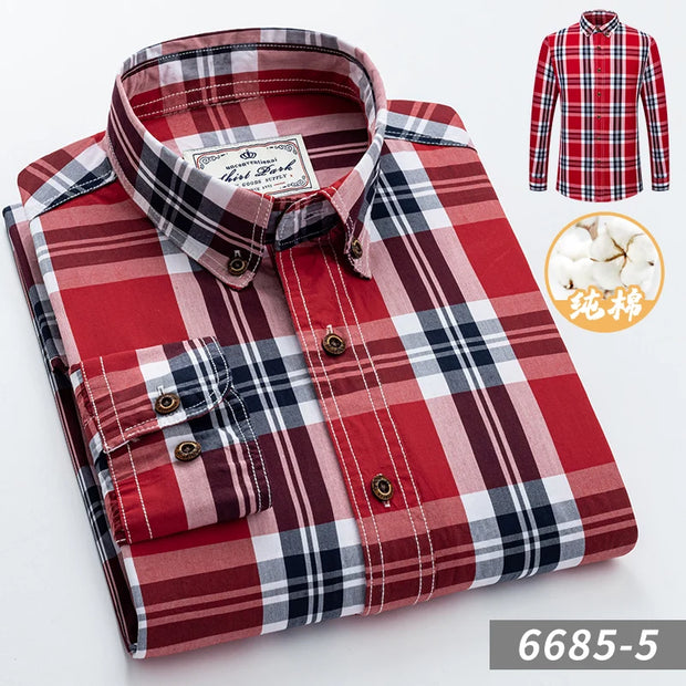 2023 New Men's Fashion Plaid 100% Cotton Spring Autumn Pocket Long Sleeve Slim-fit Button-down Male Shirt