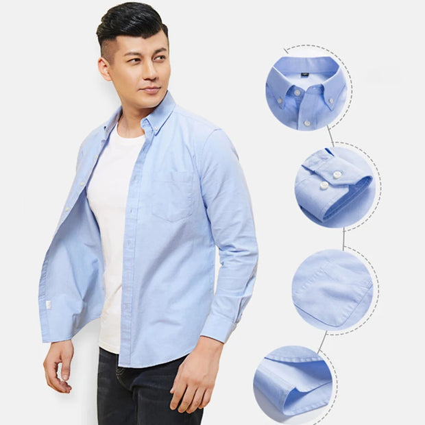 Cotton Oxford Men's Dress Shirt Long Sleeve Slim Fit Button Down Male Business Formal Shirts with Chest Pocket Casual Clothing