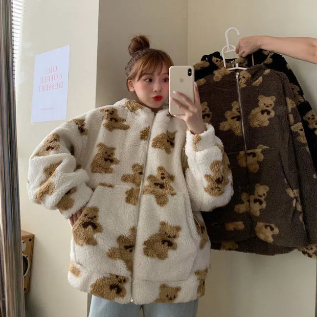 90s Harajuku Heart-shaped Print Plush Jacket Women Winter Korean Large Size Long Sleeve Hooded Coat Thick Warm Couple Streetwear