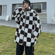 Plaid Lambswool Plush Coat Streetwear Fashion 2021 Winter Jacket Women Zipper Loose Harajuku Jackets Thick Warm Overcoat Female