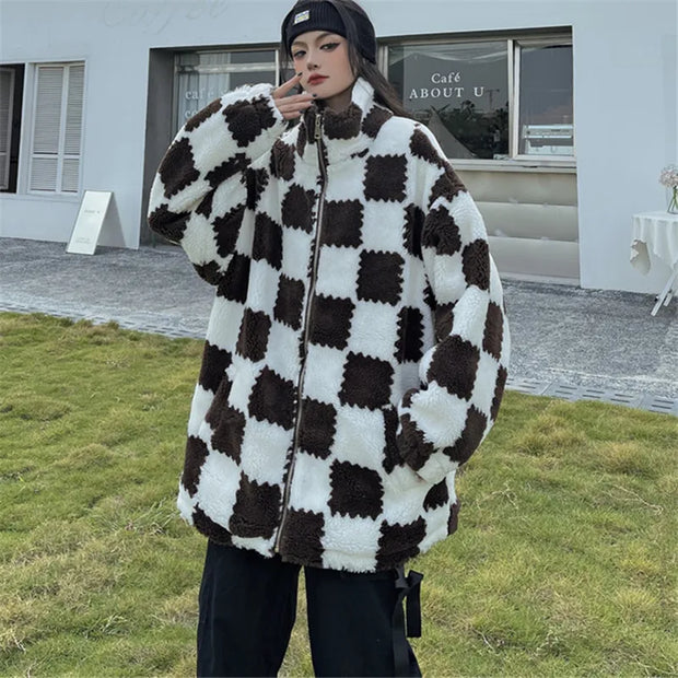 Plaid Lambswool Plush Coat Streetwear Fashion 2021 Winter Jacket Women Zipper Loose Harajuku Jackets Thick Warm Overcoat Female