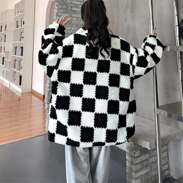 Plaid Lambswool Plush Coat Streetwear Fashion 2021 Winter Jacket Women Zipper Loose Harajuku Jackets Thick Warm Overcoat Female