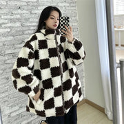 Plaid Lambswool Plush Coat Streetwear Fashion 2021 Winter Jacket Women Zipper Loose Harajuku Jackets Thick Warm Overcoat Female