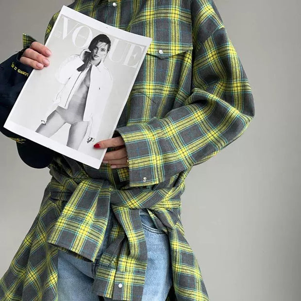 Baggy Plaid Long-Sleeve Shirt Retro Style All-Matching Lapel Loose Plaid Long Sleeve Shirt