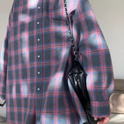 Baggy Plaid Long-Sleeve Shirt Retro Style All-Matching Lapel Loose Plaid Long Sleeve Shirt