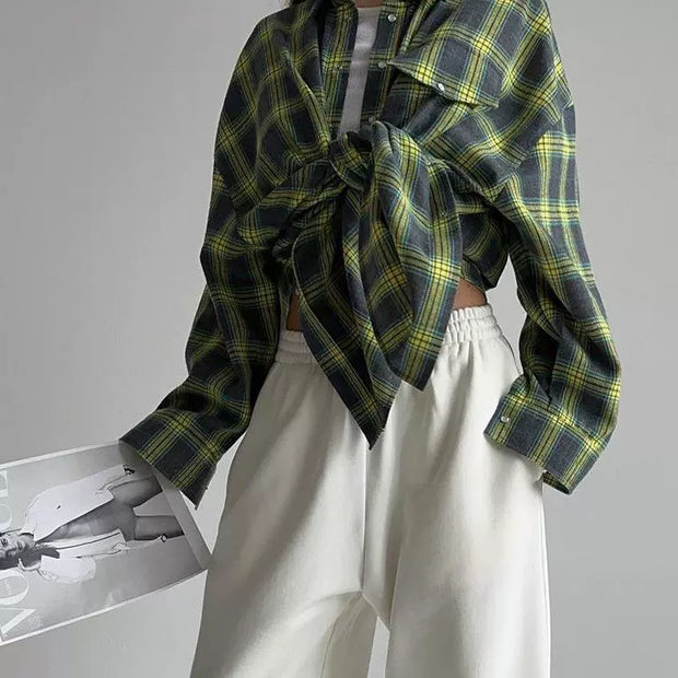 Baggy Plaid Long-Sleeve Shirt Retro Style All-Matching Lapel Loose Plaid Long Sleeve Shirt