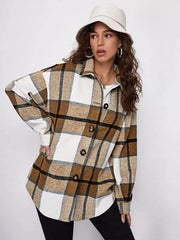 2021women Fashion Loose Lapel Long Sleeve Plaid Shirt Ladies