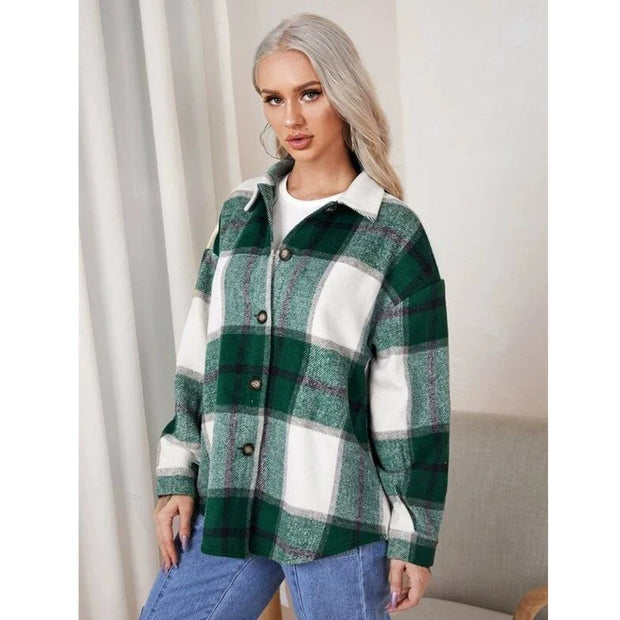 2021women Fashion Loose Lapel Long Sleeve Plaid Shirt Ladies