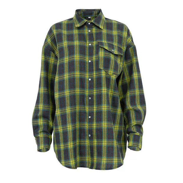 Baggy Plaid Long-Sleeve Shirt Retro Style All-Matching Lapel Loose Plaid Long Sleeve Shirt