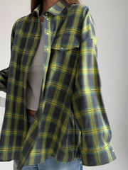 Baggy Plaid Long-Sleeve Shirt Retro Style All-Matching Lapel Loose Plaid Long Sleeve Shirt