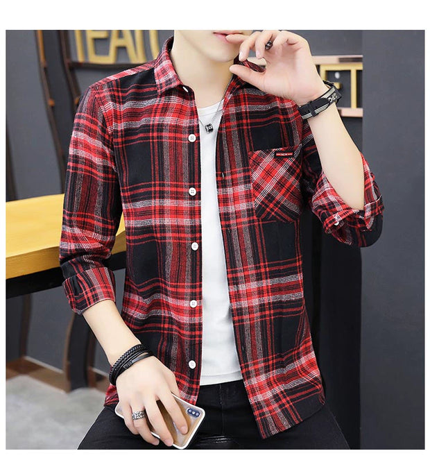 Long sleeve Shirts Men's Plaid Trendy Brand New Autumn and Winter Fleece-lined Korean Style Loose Casual Shirt Hong Kong Style Clothes