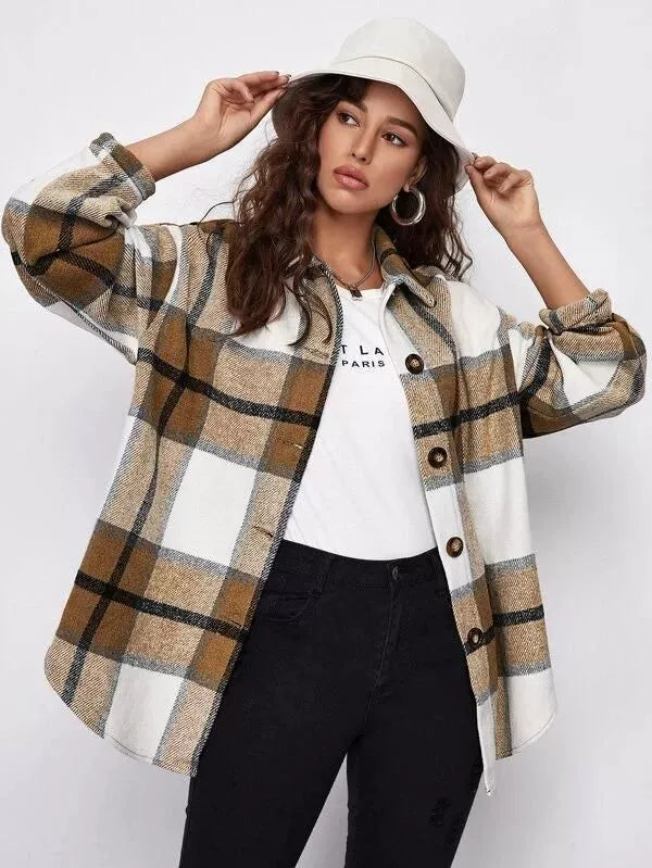 2021women Fashion Loose Lapel Long Sleeve Plaid Shirt Ladies