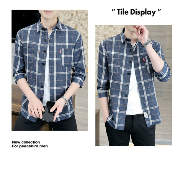 Plaid Shirts Men's Spring and Autumn Winter New Casual Popular Long sleeve Shirt Handsome Youth Cropped Half Sleeve Shirt