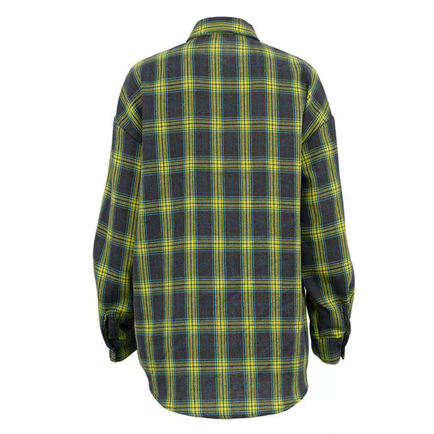 Baggy Plaid Long-Sleeve Shirt Retro Style All-Matching Lapel Loose Plaid Long Sleeve Shirt