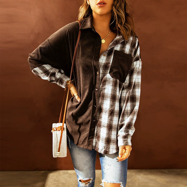 Women's Long Long Sleeve Loose Pocket Lapel Shirt Ins Plaid