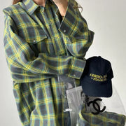 Baggy Plaid Long-Sleeve Shirt Retro Style All-Matching Lapel Loose Plaid Long Sleeve Shirt