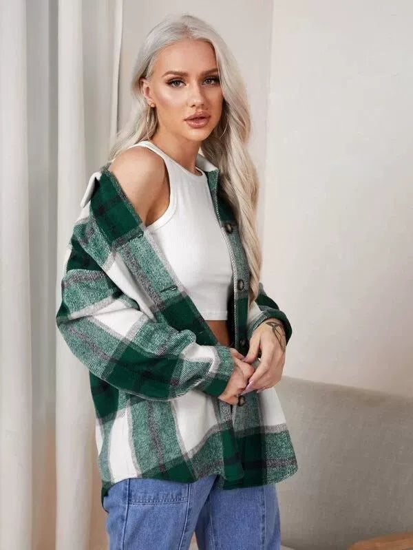 2021women Fashion Loose Lapel Long Sleeve Plaid Shirt Ladies