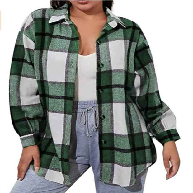 2021women Fashion Loose Lapel Long Sleeve Plaid Shirt Ladies