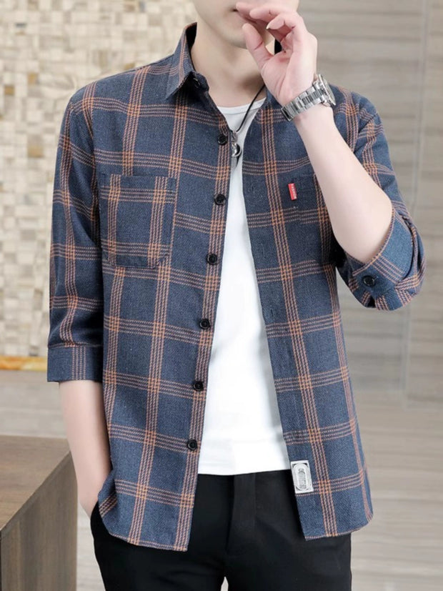 Plaid Shirts Men's Spring and Autumn Winter New Casual Popular Long sleeve Shirt Handsome Youth Cropped Half Sleeve Shirt