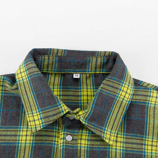 Baggy Plaid Long-Sleeve Shirt Retro Style All-Matching Lapel Loose Plaid Long Sleeve Shirt