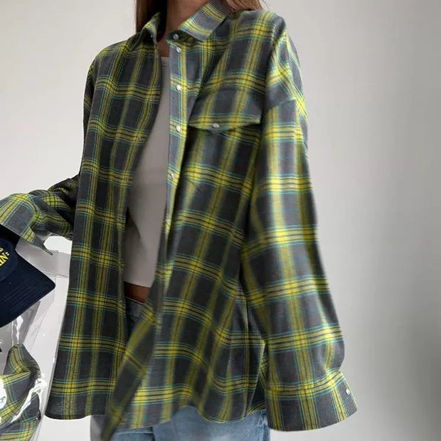 Baggy Plaid Long-Sleeve Shirt Retro Style All-Matching Lapel Loose Plaid Long Sleeve Shirt