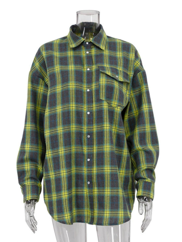 Baggy Plaid Long-Sleeve Shirt Retro Style All-Matching Lapel Loose Plaid Long Sleeve Shirt