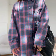 Baggy Plaid Long-Sleeve Shirt Retro Style All-Matching Lapel Loose Plaid Long Sleeve Shirt