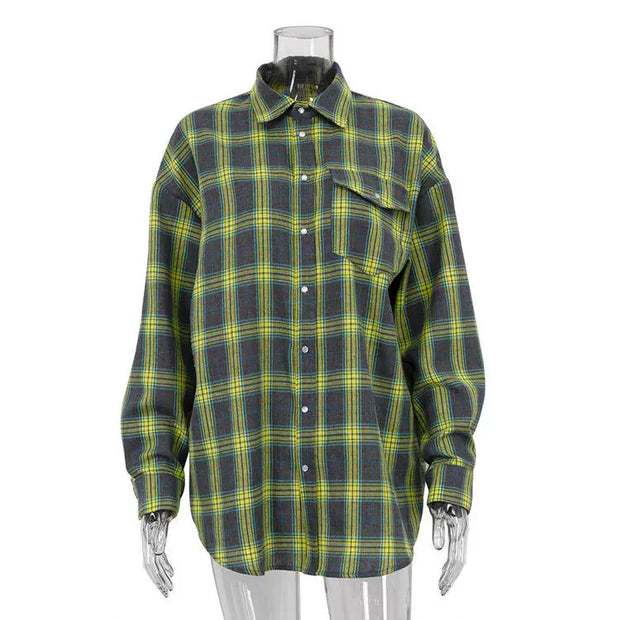 Baggy Plaid Long-Sleeve Shirt Retro Style All-Matching Lapel Loose Plaid Long Sleeve Shirt